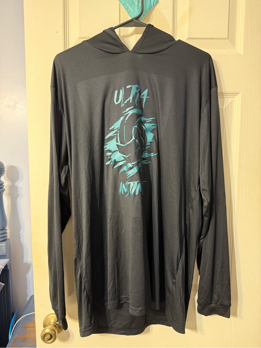 Men's XL Black UPF 50 Hooded Long-Sleeve Shirt with Teal Volleyball Graphic